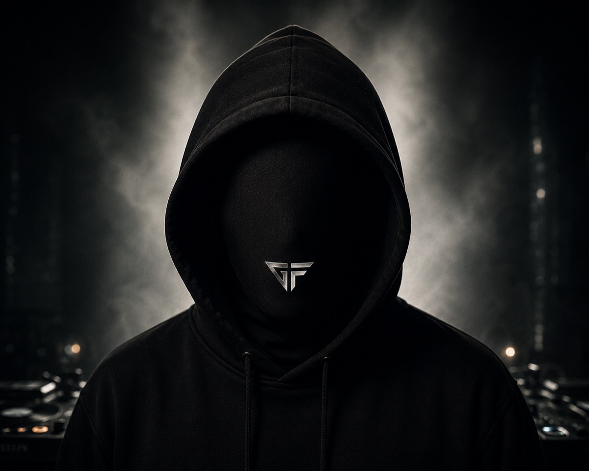 GUNFINGA — a hooded figure, face in shadow, the GF mark on the chest